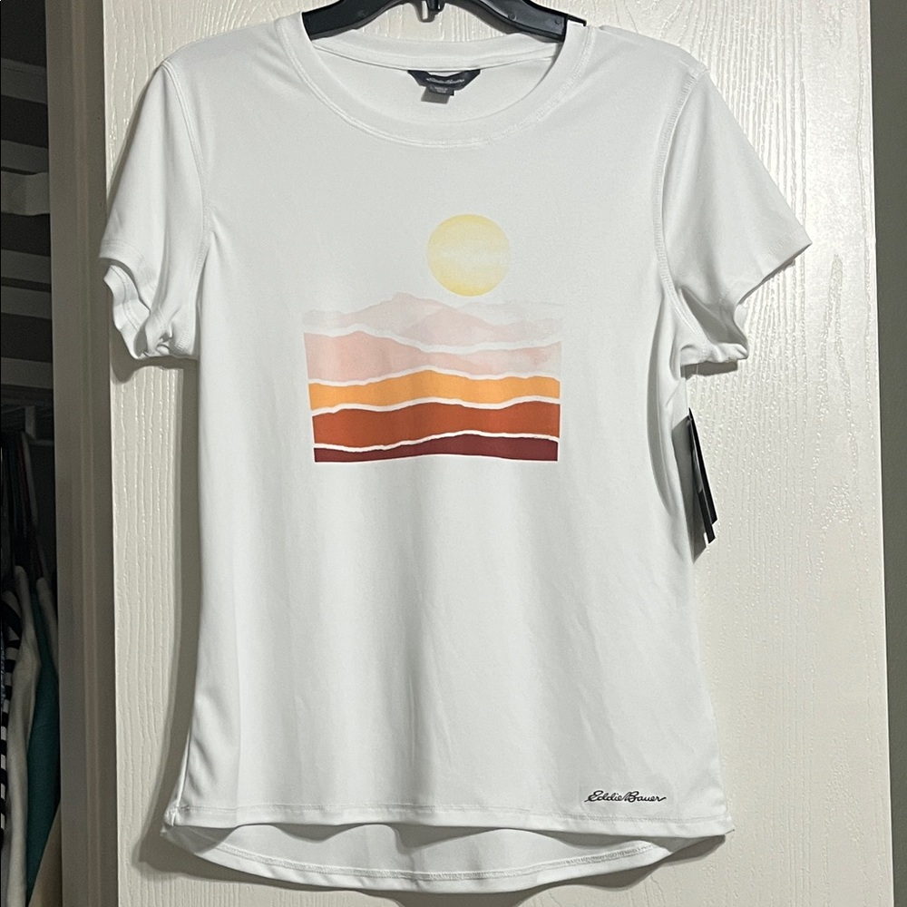 Eddie Bauer Women's White Tee with Sunset Graphic